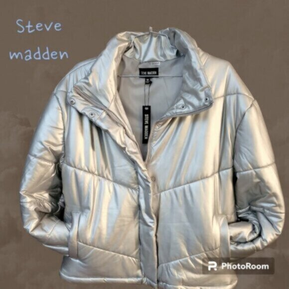 Steve Madden Metallic Silver Downtown Bomber Puffer Jacket NWT Sz Medium - Picture 5 of 12